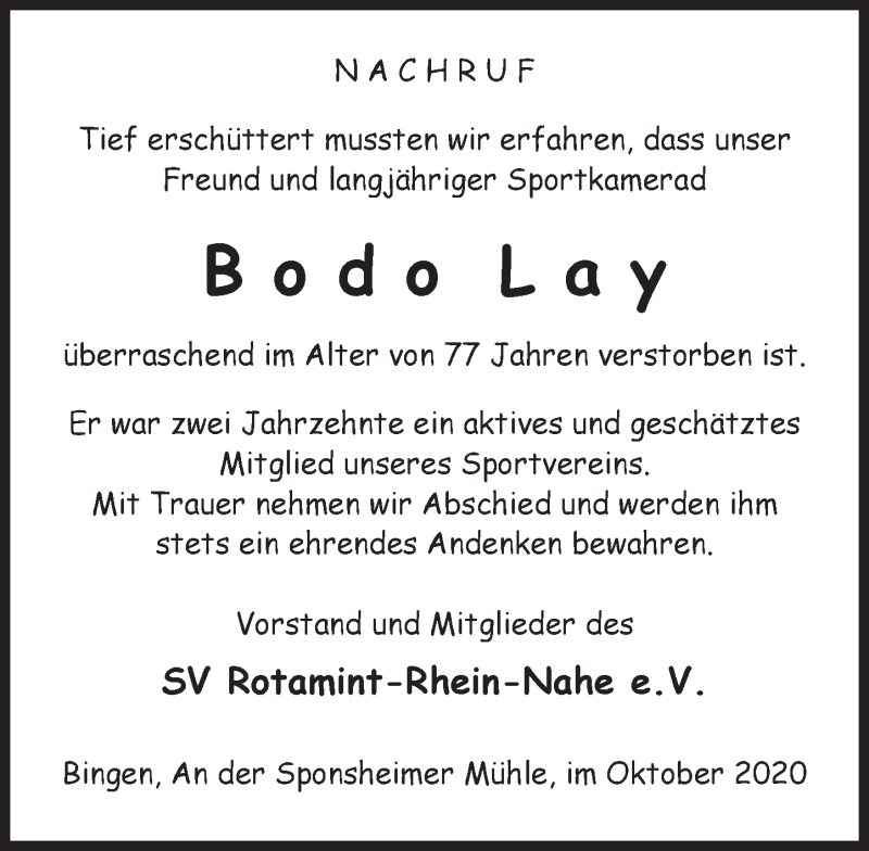  Traueranzeige für Bodo Lay vom 31.10.2020 aus vrm-trauer