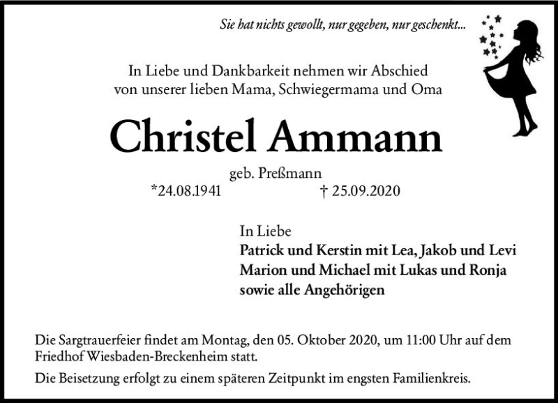  Traueranzeige für Christel Ammann vom 02.10.2020 aus vrm-trauer
