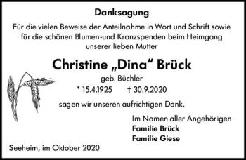 Traueranzeige von Christine Brück von vrm-trauer