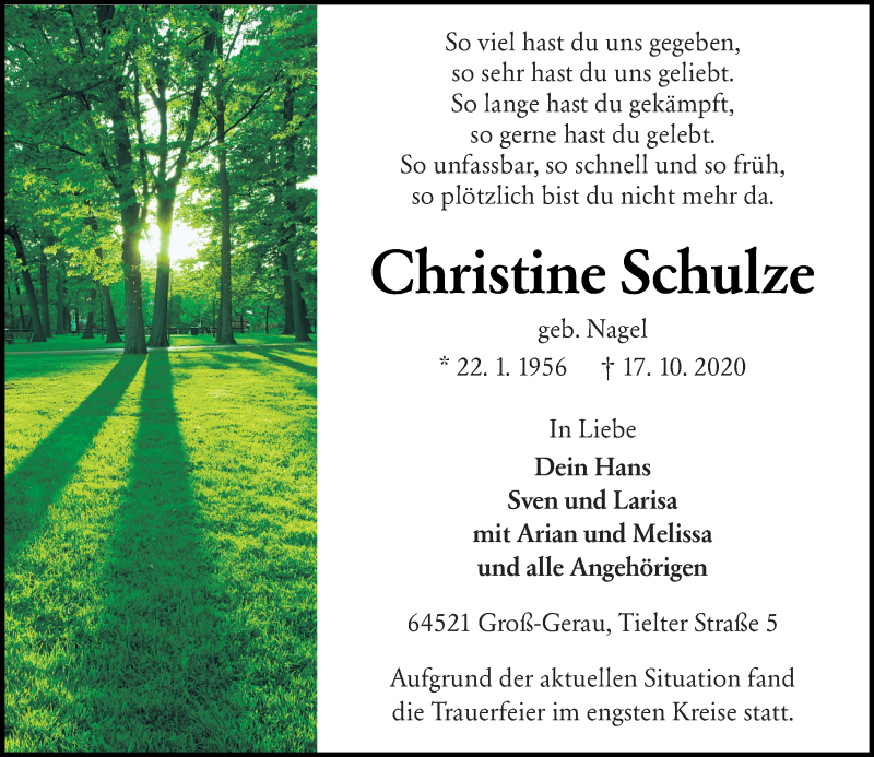  Traueranzeige für Christine Schulze vom 31.10.2020 aus vrm-trauer