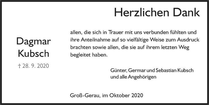  Traueranzeige für Dagmar Kubsch vom 31.10.2020 aus vrm-trauer