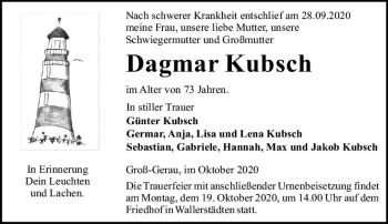 Traueranzeige von Dagmar Kubsch von vrm-trauer