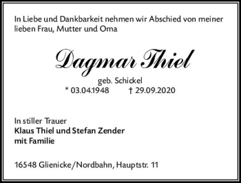 Traueranzeige von Dagmar Thiel von vrm-trauer