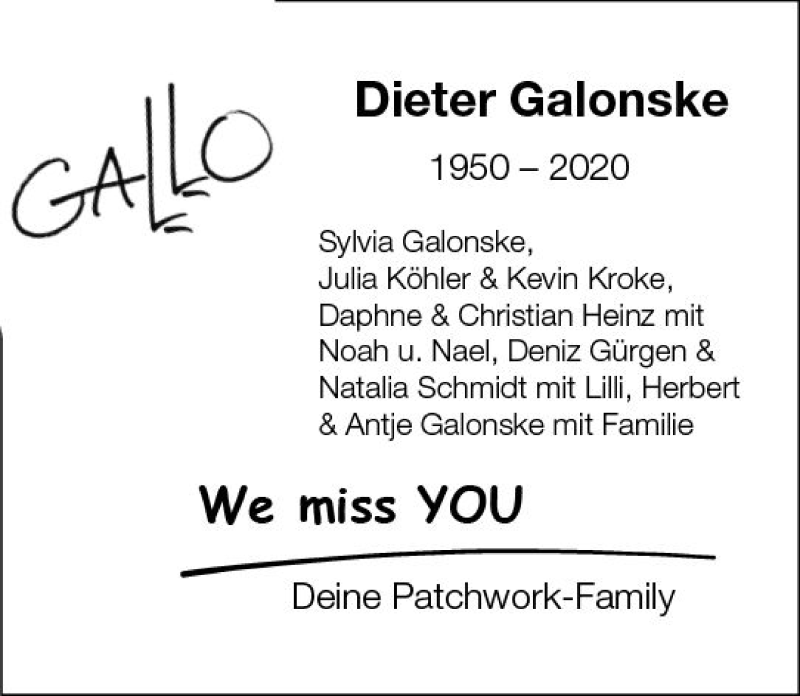  Traueranzeige für Dieter Galonske vom 10.10.2020 aus vrm-trauer