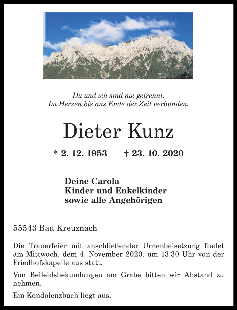  Traueranzeige für Dieter Kunz vom 31.10.2020 aus vrm-trauer