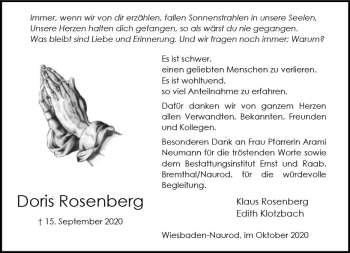 Traueranzeige von Doris Rosenberg von vrm-trauer