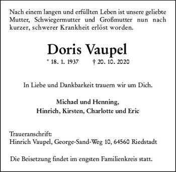 Traueranzeige von Doris Vaupel von vrm-trauer