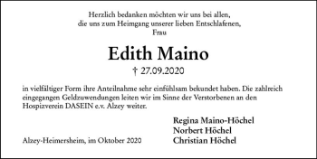 Traueranzeige von Edith Maino von vrm-trauer