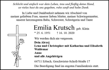 Traueranzeige von Emilia Krutsch von vrm-trauer