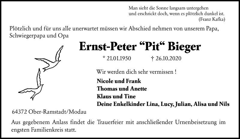  Traueranzeige für Ernst-Peter Bieger vom 31.10.2020 aus vrm-trauer