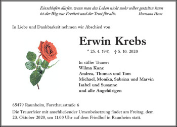 Traueranzeige von Erwin Krebs von vrm-trauer