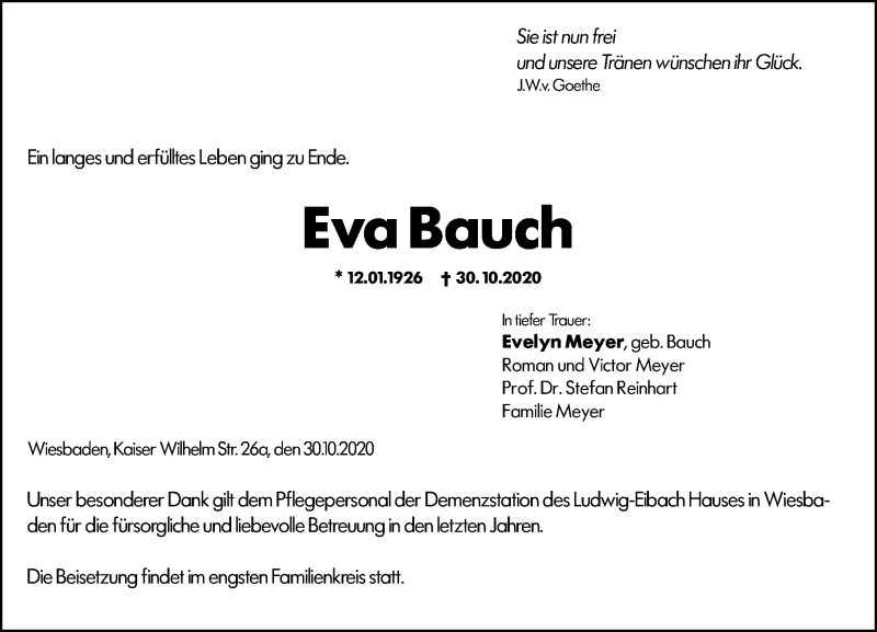  Traueranzeige für Eva Bauch vom 31.10.2020 aus vrm-trauer