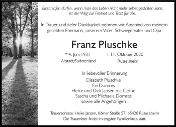 Traueranzeige von Franz Pluschke von vrm-trauer