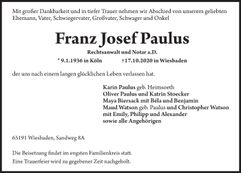 Traueranzeige von Franz Josef Paulus von vrm-trauer