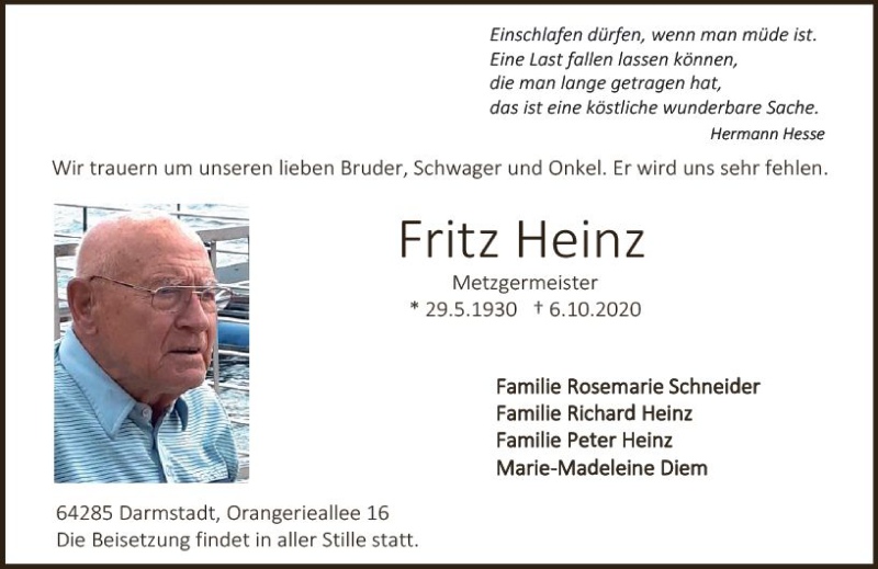  Traueranzeige für Fritz Heinz vom 10.10.2020 aus vrm-trauer