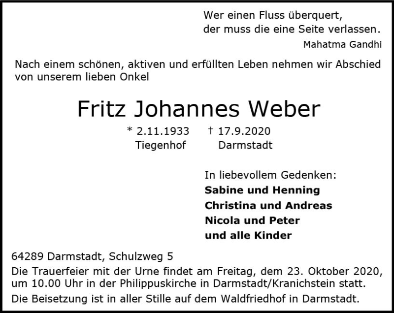  Traueranzeige für Fritz Johannes Weber vom 17.10.2020 aus vrm-trauer
