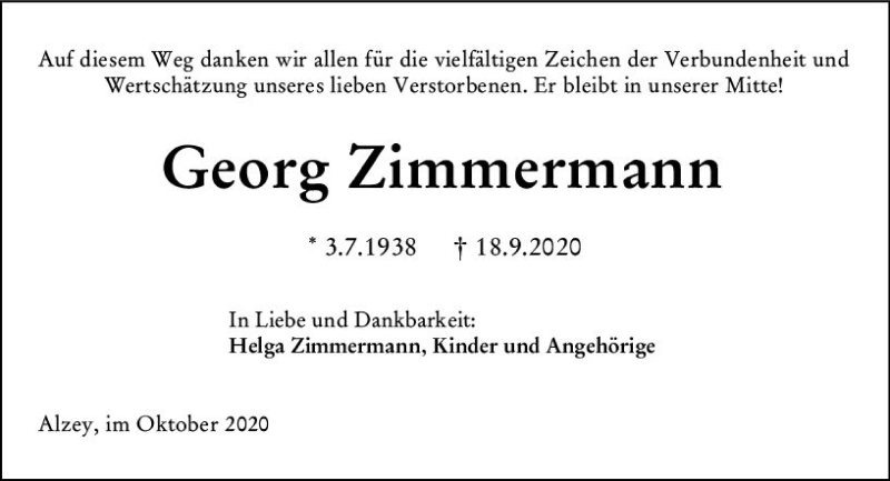  Traueranzeige für Georg Zimmermann vom 24.10.2020 aus vrm-trauer