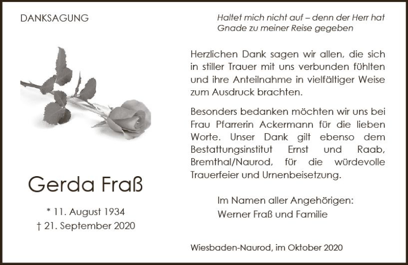  Traueranzeige für Gerda Fraß vom 17.10.2020 aus vrm-trauer