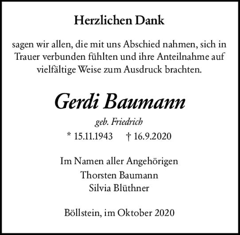  Traueranzeige für Gerdi Baumann vom 24.10.2020 aus vrm-trauer