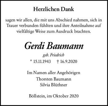 Traueranzeige von Gerdi Baumann von vrm-trauer