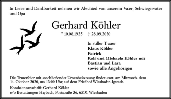 Traueranzeige von Gerhard Köhler von vrm-trauer