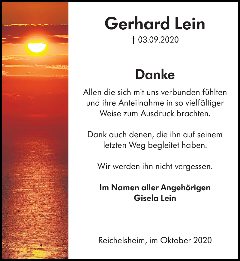  Traueranzeige für Gerhard  Lein vom 31.10.2020 aus vrm-trauer