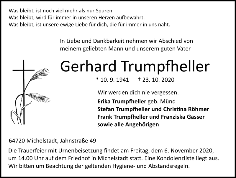  Traueranzeige für Gerhard Trumpfheller vom 31.10.2020 aus vrm-trauer
