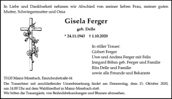 Traueranzeige von Gisela Ferger von vrm-trauer