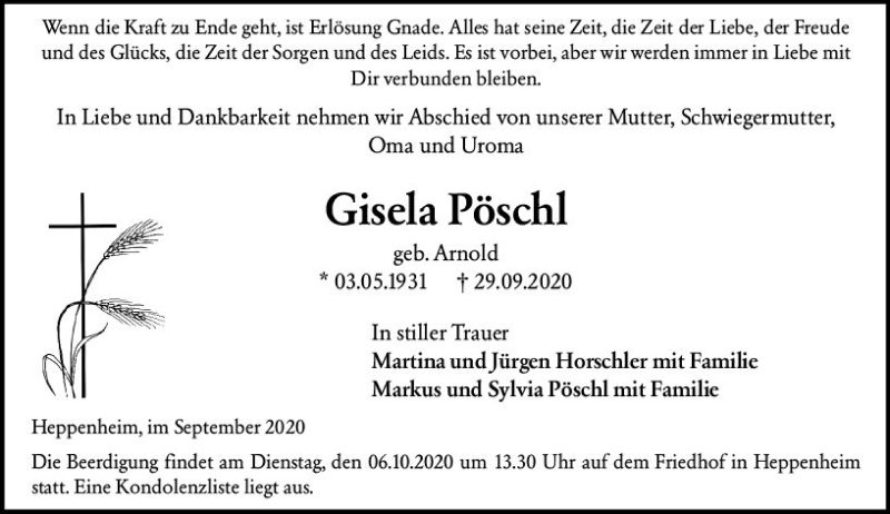  Traueranzeige für Gisela Pöschl vom 02.10.2020 aus vrm-trauer