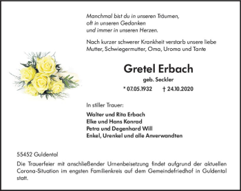 Traueranzeige von Gretel Erbach von vrm-trauer