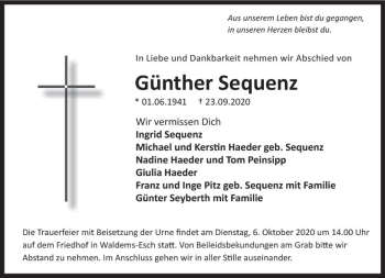 Traueranzeige von Günther Sequenz von vrm-trauer