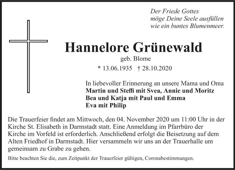  Traueranzeige für Hannelore Grünewald vom 31.10.2020 aus vrm-trauer