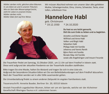 Traueranzeige von Hannelore Habl von vrm-trauer