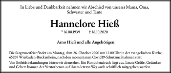 Traueranzeige von Hannelore Hieß von vrm-trauer