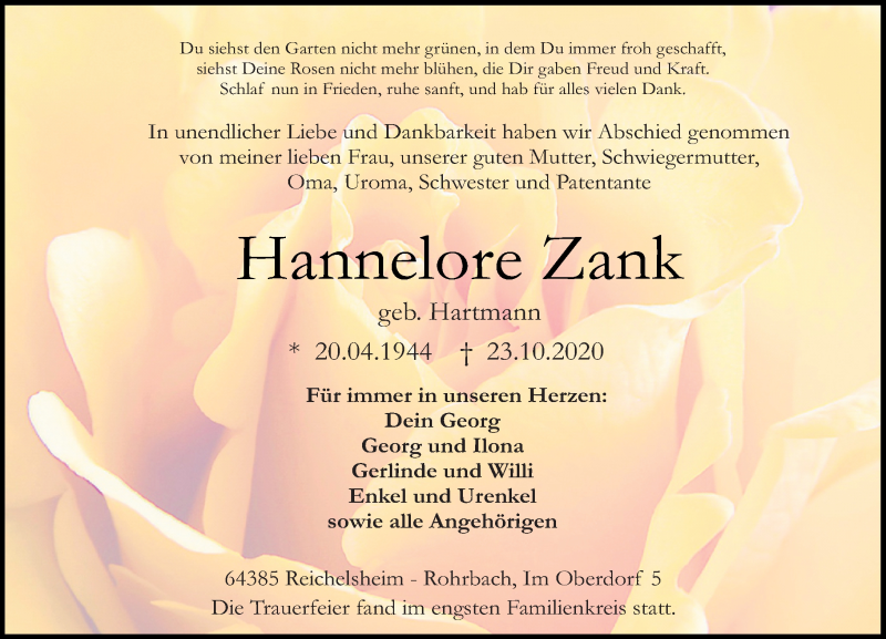  Traueranzeige für Hannelore Zank vom 31.10.2020 aus vrm-trauer