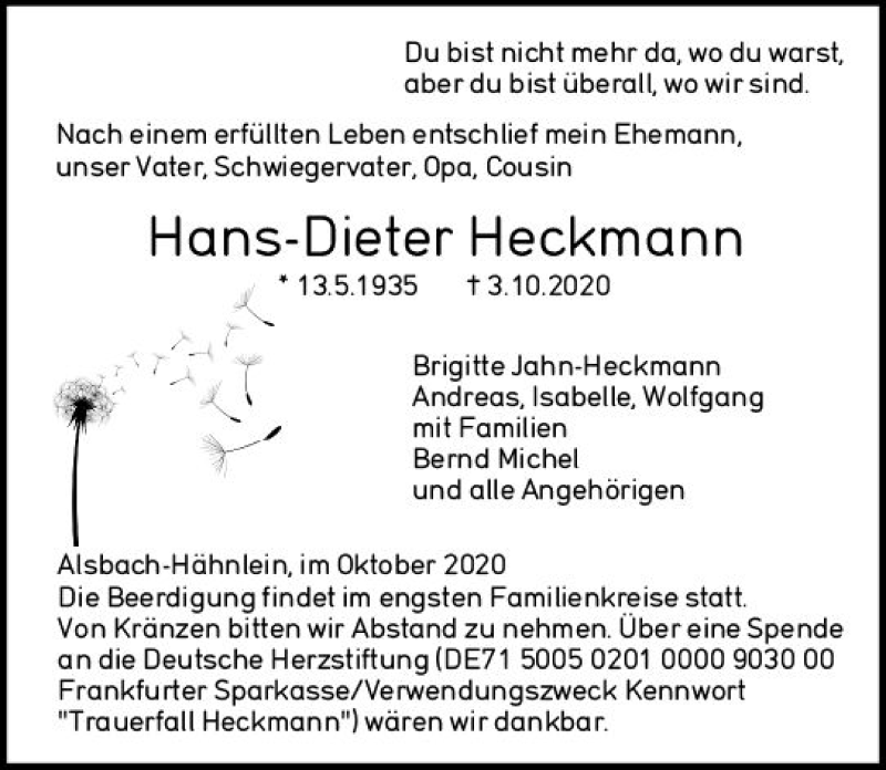  Traueranzeige für Hans-Dieter Heckmann vom 07.10.2020 aus vrm-trauer