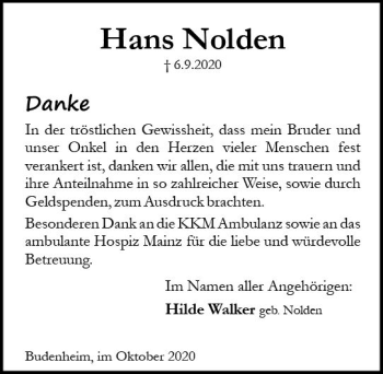 Traueranzeige von Hans Nolden von vrm-trauer