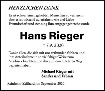 Traueranzeige von Hans Rieger von vrm-trauer