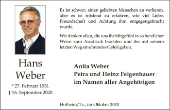 Traueranzeige von Hans Weber von vrm-trauer