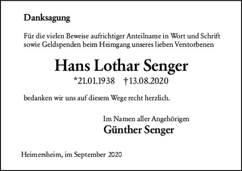  Traueranzeige für Hans Lothar Senger vom 02.10.2020 aus vrm-trauer