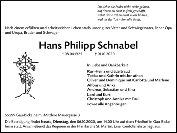 Traueranzeige von Hans Philipp Schnabel von vrm-trauer