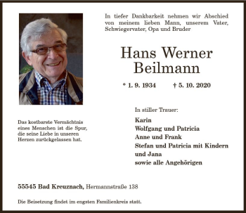 Traueranzeige von Hans Werner Beilmann von vrm-trauer