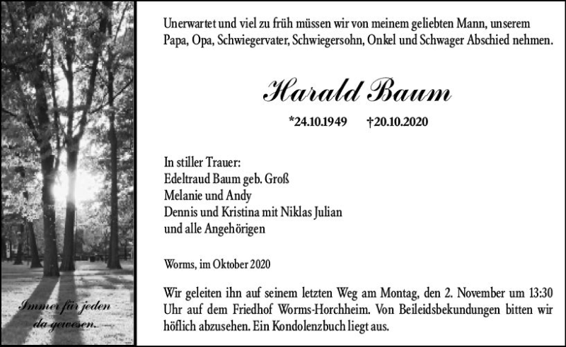  Traueranzeige für Harald Baum vom 30.10.2020 aus vrm-trauer