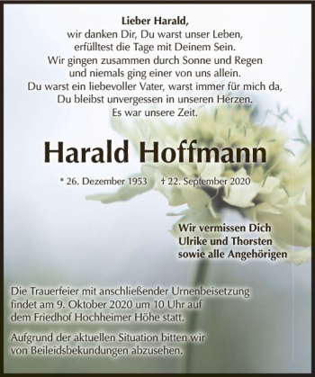 Traueranzeige von Harald Hoffmann von vrm-trauer