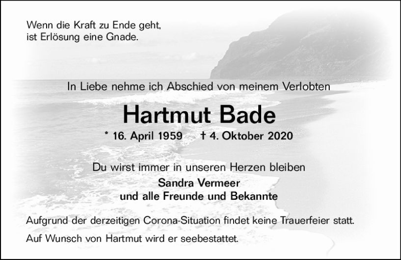  Traueranzeige für Hartmut Bade vom 10.10.2020 aus vrm-trauer