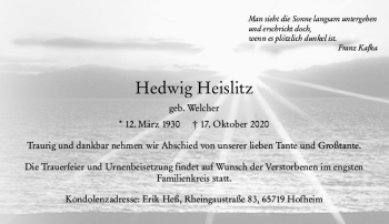 Traueranzeige von Hedwig Heislitz von vrm-trauer