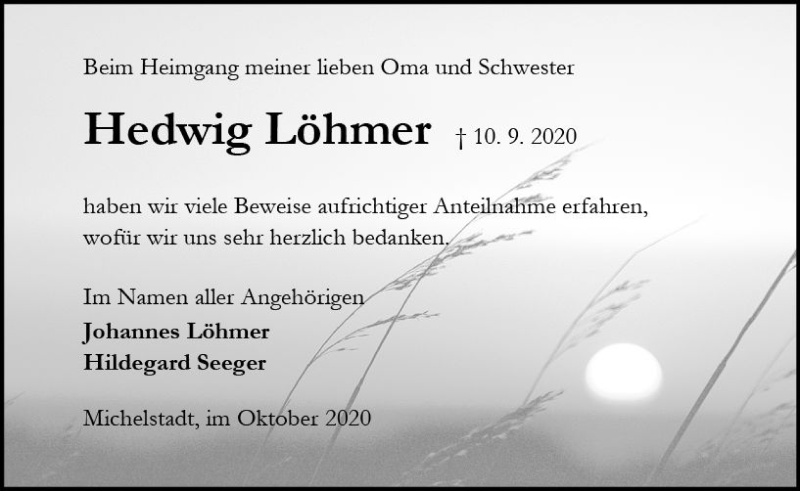  Traueranzeige für Hedwig Löhmer vom 10.10.2020 aus vrm-trauer