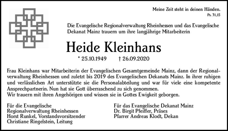  Traueranzeige für Heide Kleinhans vom 10.10.2020 aus vrm-trauer