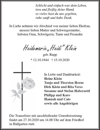 Traueranzeige von Heidemarie Klein von vrm-trauer