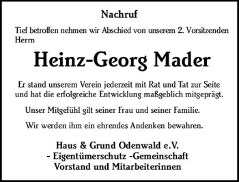 Traueranzeige von Heinz-Georg Mader von vrm-trauer